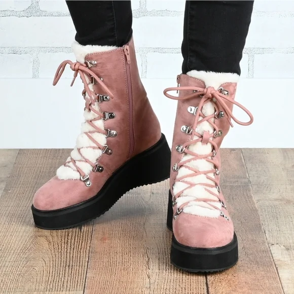 Journee Collection Womens KANNON Lace Up Vegan Fur Winter & Snow Boots TAUPE 7.5 - Picture 13 of 13